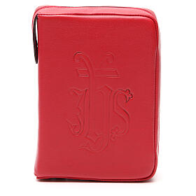Einband fűr Stundengebet (4 Bände) aus rotem Leder mit eingeprägtem IHS-Symbol und Reißverschluss