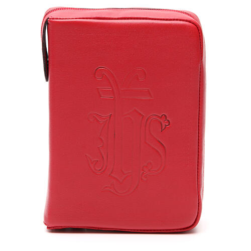 Einband fűr Stundengebet (4 Bände) aus rotem Leder mit eingeprägtem IHS-Symbol und Reißverschluss 1
