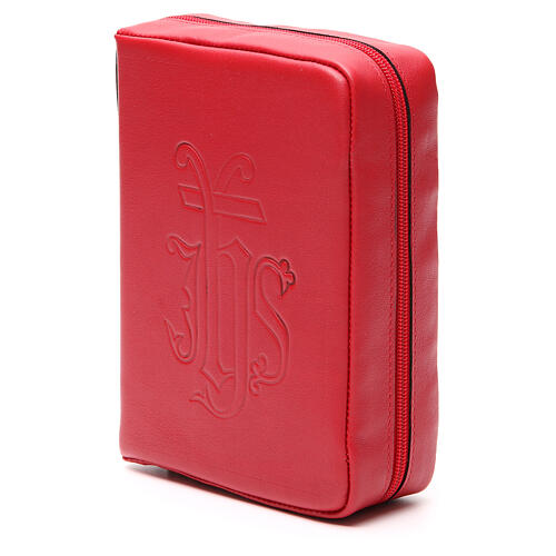 Einband fűr Stundengebet (4 Bände) aus rotem Leder mit eingeprägtem IHS-Symbol und Reißverschluss 2