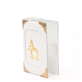 Einband fűr Stundengebet (4 Bände) aus weißem Leder mit Alpha-Omega Symbolen und Magnet