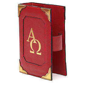 Einband fűr Stundengebet (4 Bände) aus rotem Leder mit Alpha-Omega Symbolen und Magnet