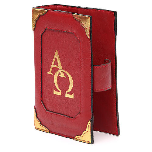 Einband fűr Stundengebet (4 Bände) aus rotem Leder mit Alpha-Omega Symbolen und Magnet 1