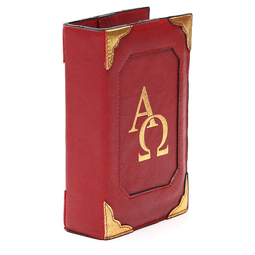 Einband fűr Stundengebet (4 Bände) aus rotem Leder mit Alpha-Omega Symbolen und Magnet 2