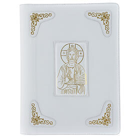 Gospel book cover in white leather with extra manufacture and image of Christ Pantocrator