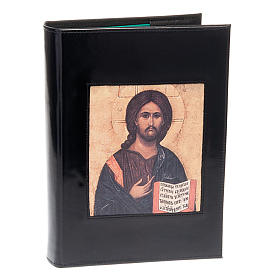 Etui lectionnaire , noir, cuir, image du Christ Pantocrator