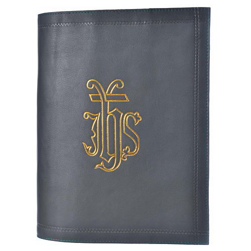 Lectionary cover in green leather, IHS 4