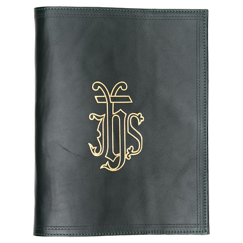 Lectionary cover in leather with IHS symbol, green 1