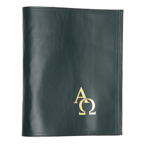 Cover fo benedictional in leather with alpha and omega, green 1