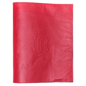 Lektionar-Einband aus rotem Leder mit geprägter IHS Aufschrift