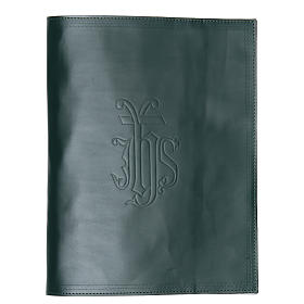 Lectionary cover in green leather with IHS writing