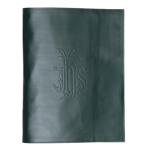 Lectionary cover in green leather with IHS writing 1