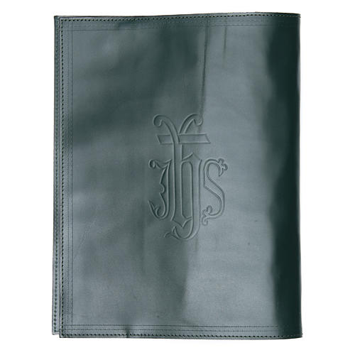Lectionary cover in green leather with IHS writing 2