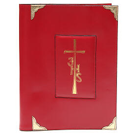 Festive weekday lectionary cover red leather Cross IHS
