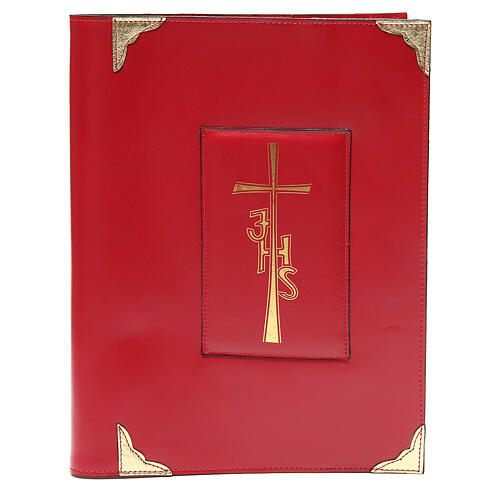 Festive weekday lectionary cover red leather Cross IHS 1