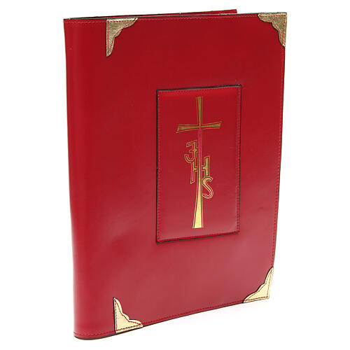 Festive weekday lectionary cover red leather Cross IHS 3