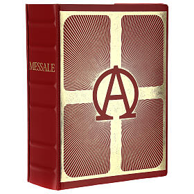 Messbuch-Einband aus rotem Echtleder mit geprägten Alpha-Omega Symbolen, III. vatikanische Ausgabe