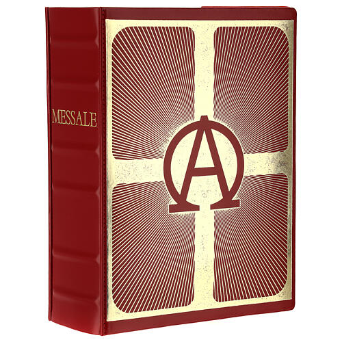 Messbuch-Einband aus rotem Echtleder mit geprägten Alpha-Omega Symbolen, III. vatikanische Ausgabe 1