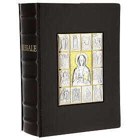 Messbuch-Einband (III. Ausgabe) aus braunem Leder mit Bilaminat-Platte und Christus mit Szenen