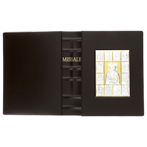 Messbuch-Einband (III. Ausgabe) aus braunem Leder mit Bilaminat-Platte und Christus mit Szenen 3