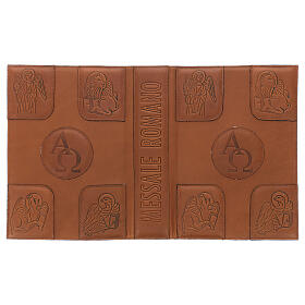 Einband fűr rőmisches Messbuch (III. Ausgabe) aus braunem Leder mit Alpha und Omega Symbolen