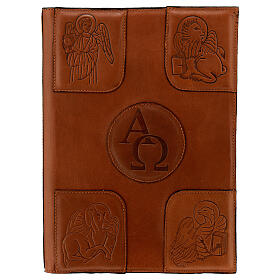 Einband fűr rőmisches Messbuch (III. Ausgabe) aus braunem Leder mit Alpha und Omega Symbolen