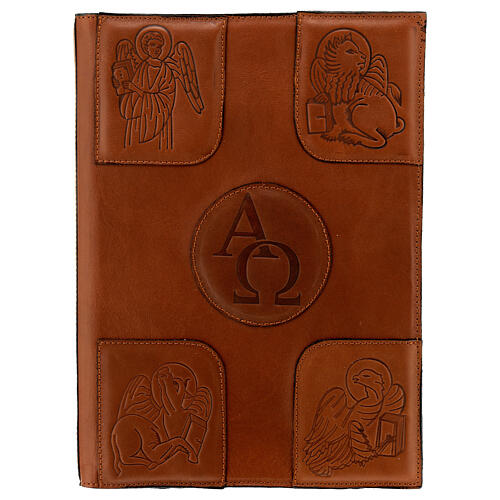 Einband fűr rőmisches Messbuch (III. Ausgabe) aus braunem Leder mit Alpha und Omega Symbolen 1