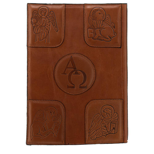 Einband fűr rőmisches Messbuch (III. Ausgabe) aus braunem Leder mit Alpha und Omega Symbolen 3