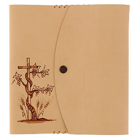 Custodia cuoio Bibbia studio pirografata vite e croce 20x15x6 cm