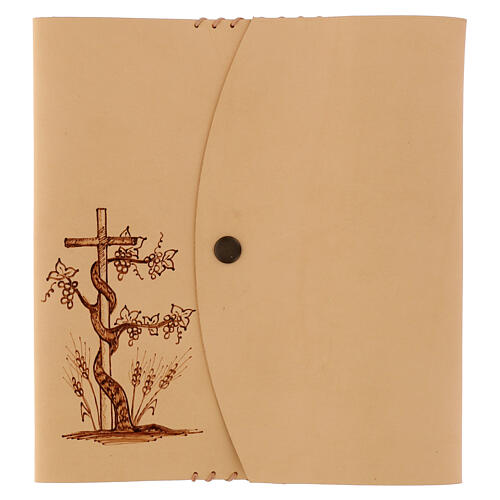 Custodia cuoio Bibbia studio pirografata vite e croce 20x15x6 cm 1