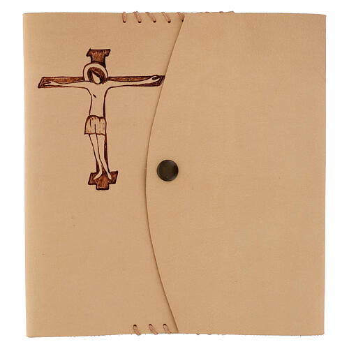 Couverture pour Bible de Jérusalem en cuir Jésus crucifié gravé au pyrograveur 21x15x6 cm 1