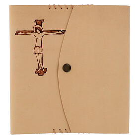 Capa Bíblia Jerusalém couro pirografado Jesus crucificado 21x15x6 cm