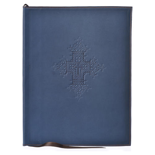 Folder for sacred rites in blue leather, hot pressed cross Bethleem, A4 size 1