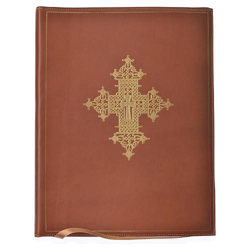 Folder for sacred rites in brown leather, hot pressed golden cross Bethleem, A4 size 1