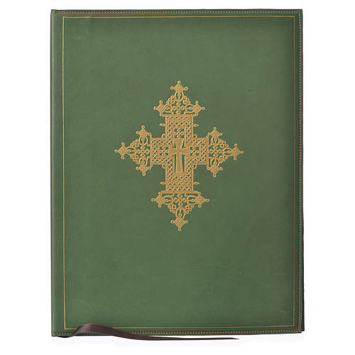 Folder for sacred rites in green leather, hot pressed golden cross Bethleem, A4 size 1