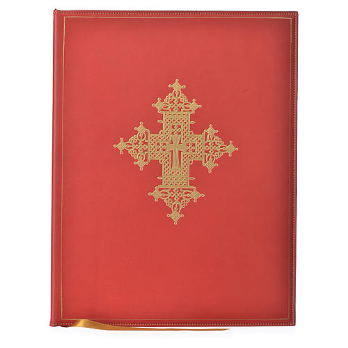 Folder for sacred rites in red leather, hot pressed golden cross Bethlehem, A4 size 1