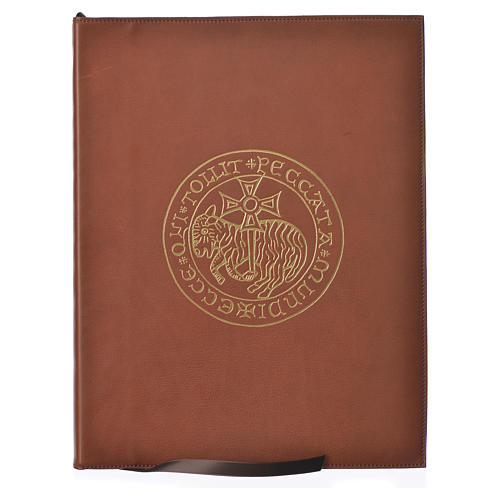Folder for sacred rites in brown leather, hot pressed golden lamb ...