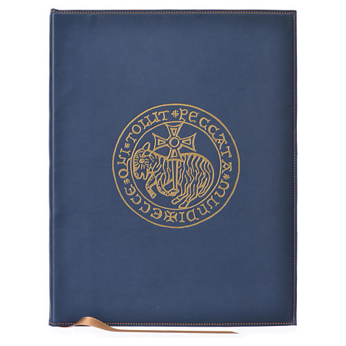 Folder for sacred rites in bleu leather, hot pressed golden lamb Bethleem, A4 size 1