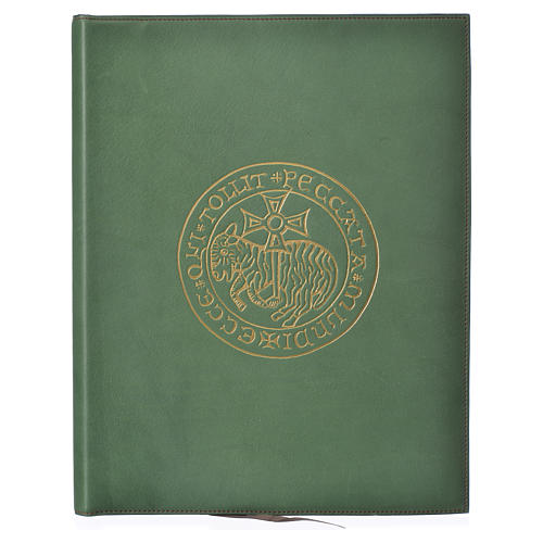 Folder for sacred rites in green leather, hot pressed golden lamb Bethleem, A4 size 1