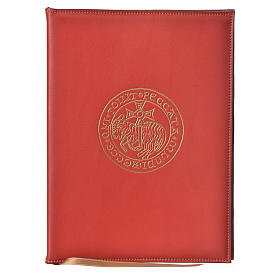 Folder for sacred rites in red leather, hot pressed golden lamb Bethleem, A5 size