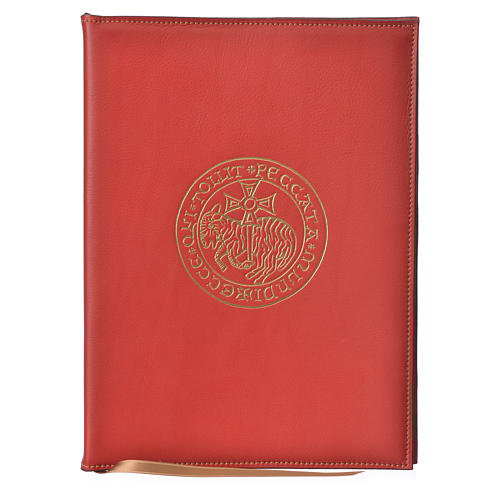 Folder for sacred rites in red leather, hot pressed golden lamb Bethleem, A5 size 1