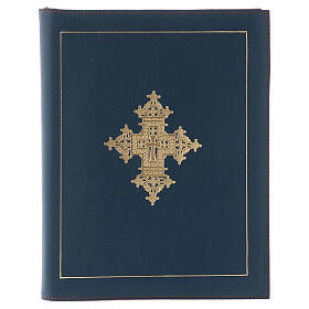 Folder for sacred rites in blue leather, golden hot pressed Coptic cross Bethleem, A5 size