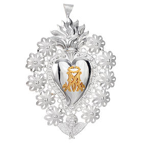 Corazón votivo flores y símbolo Mariano 15 x 11 cm