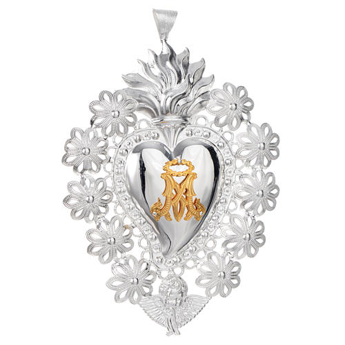 Corazón votivo flores y símbolo Mariano 15 x 11 cm 1