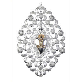 Votivgaben: Votivgabe flammendes Herz mit Krone 3 Reihen an Filigranarbeit 35x52 cm Votivgaben: Votivgabe flammendes Herz mit Krone 3 Reihen an Filigranarbeit 35x52 cm