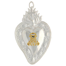 Heart-shaped ex-voto with flames and gold plated Marial initials 14x8 cm
