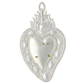 Heart-shaped ex-voto with flames and gold plated Marial initials 14x8 cm