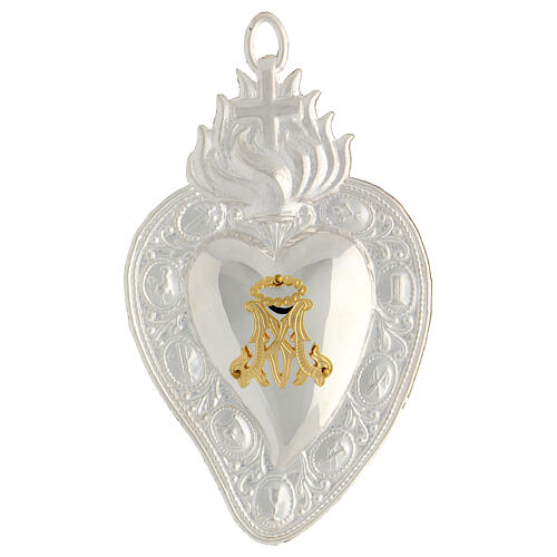 Heart-shaped ex-voto with flames and gold plated Marial initials 14x8 cm 1