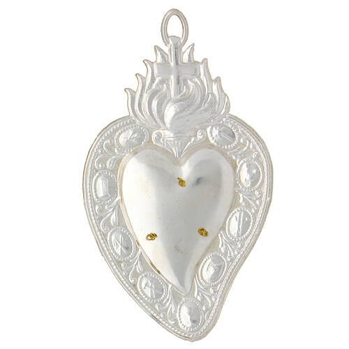 Heart-shaped ex-voto with flames and gold plated Marial initials 14x8 cm 2