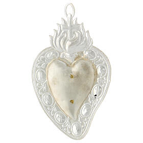 Heart-shaped ex-voto with flames and gold plated letters 14x8 cm
