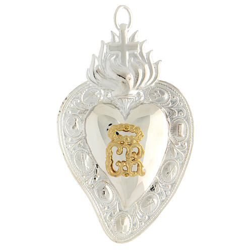 Heart-shaped ex-voto with flames and gold plated letters 14x8 cm 1